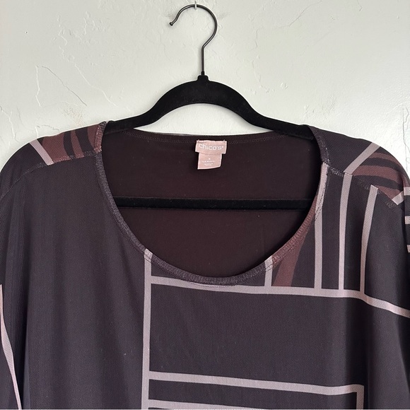 Chico's Women’s Black‎ Brown Cheetah Block Mesh Knit Top Short Sleeve Size XL - Picture 2 of 6